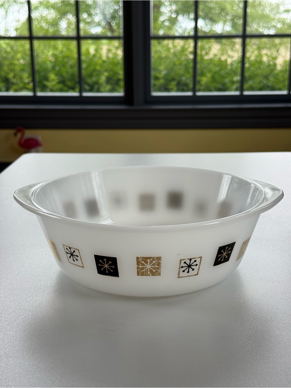 Inland Glass MCM Atomic Starburst Snowflake Milk Glass Casserole Dish | HTF